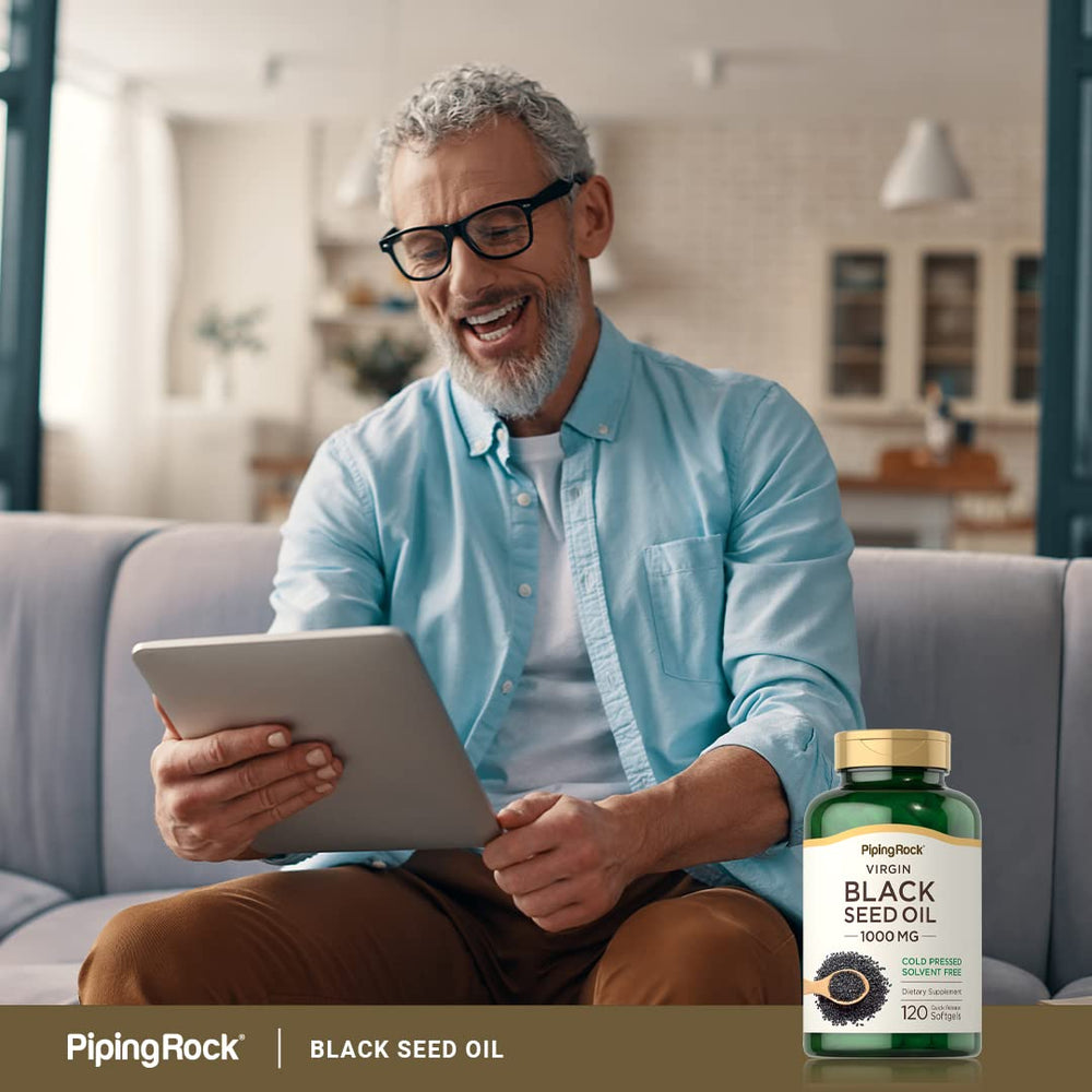 Non-GMO and Gluten Free label on black seed oil bottle