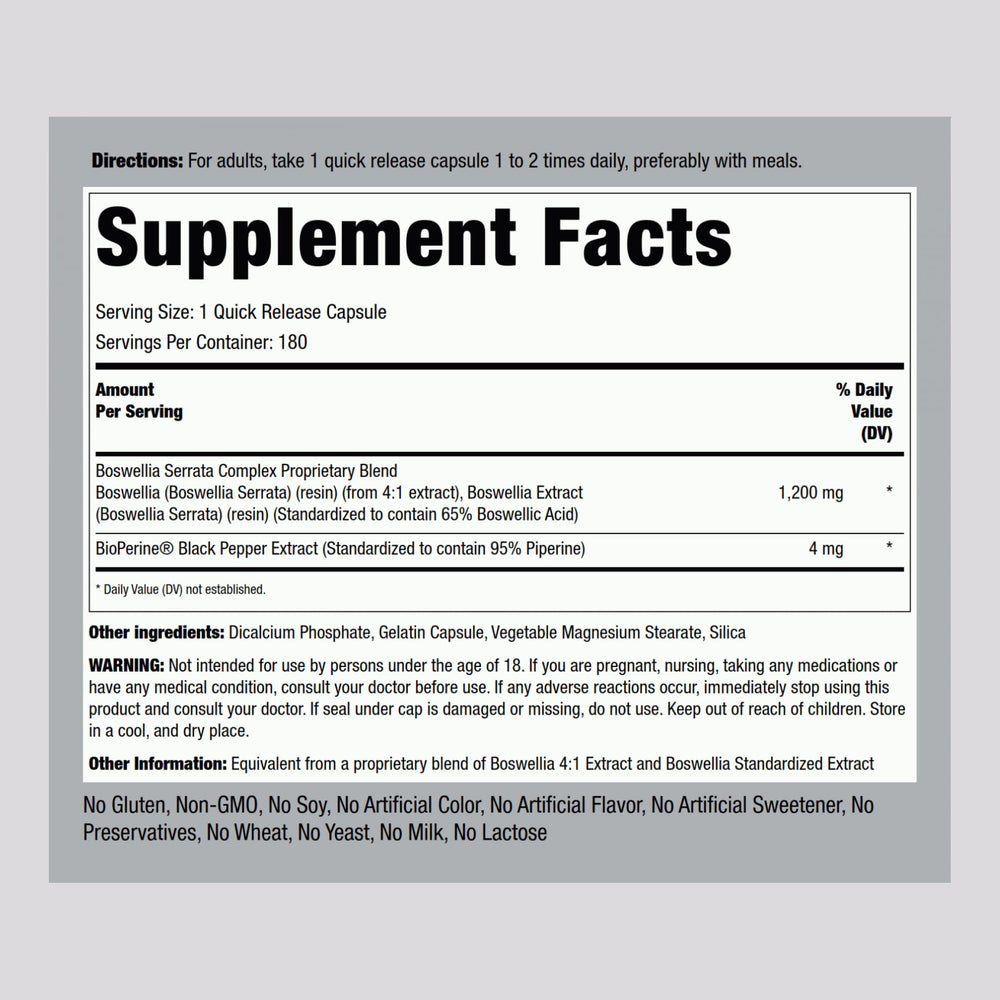 Close-up of Boswellia Serrata 1200mg capsule with label