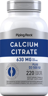 Piping Rock Calcium Citrate with Vitamin D3 bottle label - 630 mg, 220 caplets