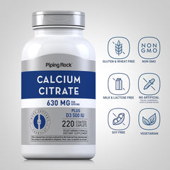 Piping Rock bottle label highlighting calcium citrate and vitamin D3