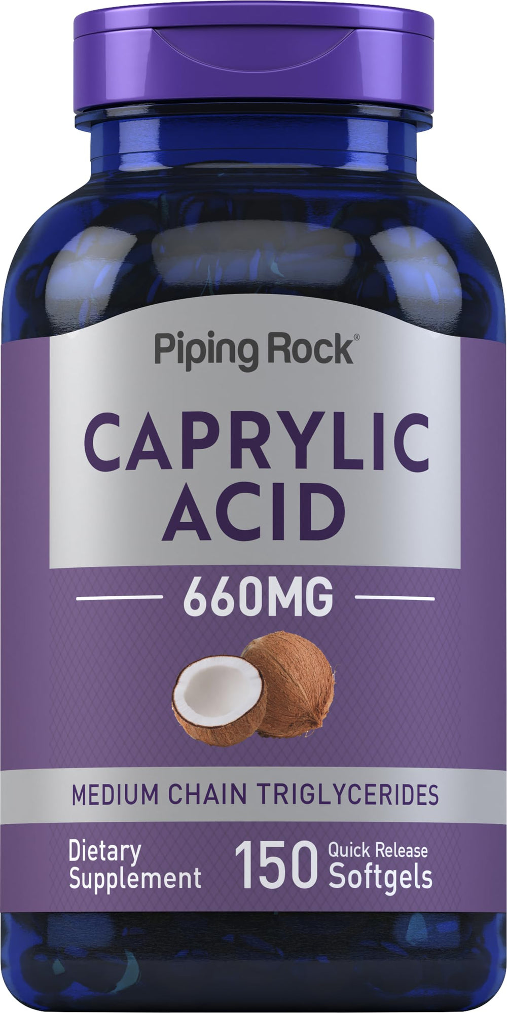 Front view of Piping Rock Caprylic Acid 660 mg bottle with 150 softgels