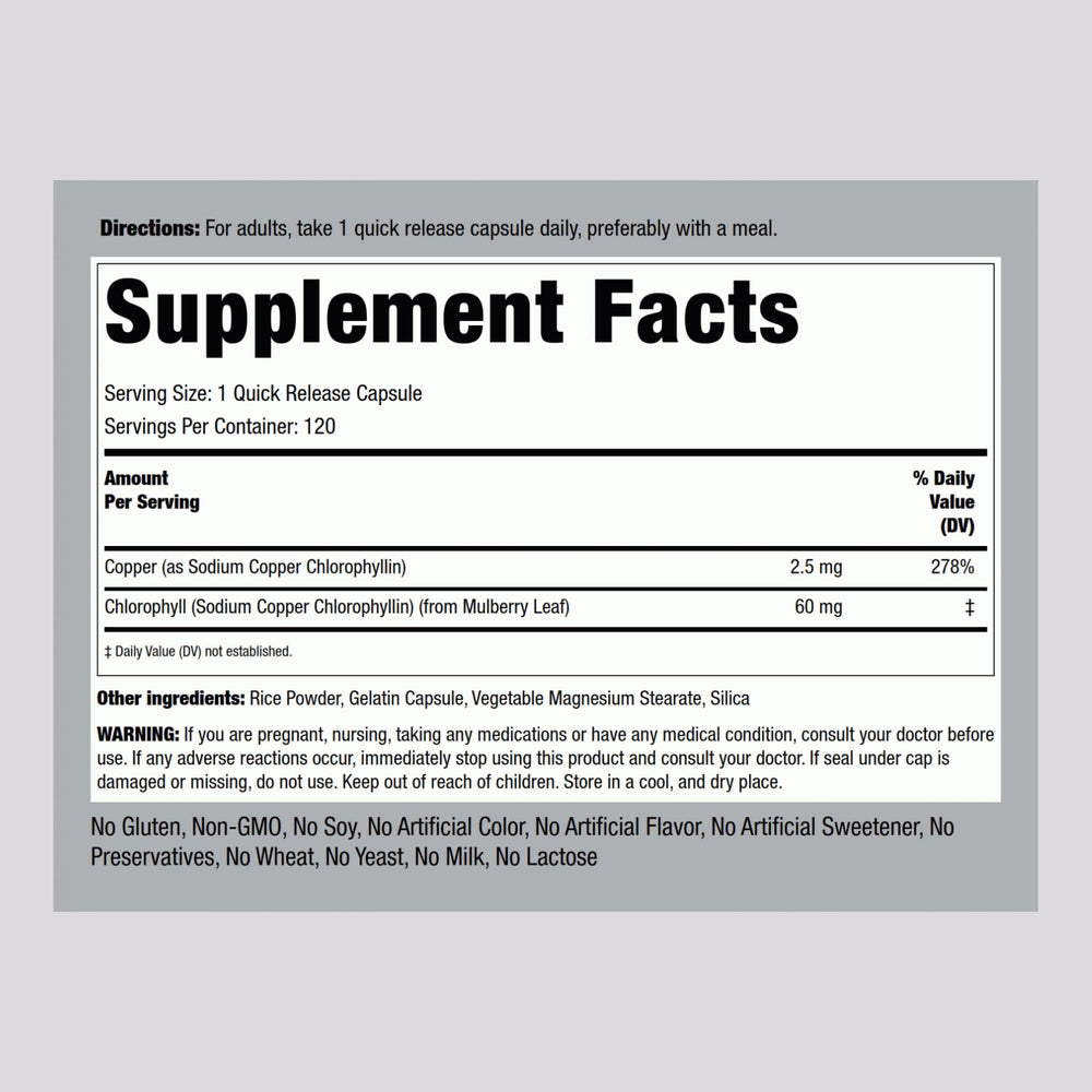 Chlorophyll Capsules packaging label showing 60 mg and 120 pills