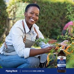 Gluten-free and Non-GMO certification labels for Piping Rock Cod Liver Oil Liquid