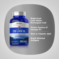Label showing EPA and DHA content on Cod Liver Oil softgels