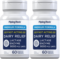 Piping Rock Dairy Relief Pills bottle with 60 vegetarian tablets