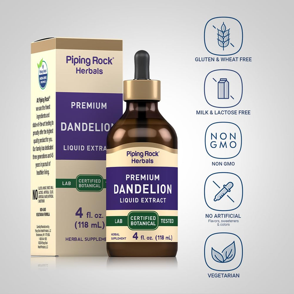 Close-up of bottle label for Dandelion Root Extract Liquid Drops 4 oz
