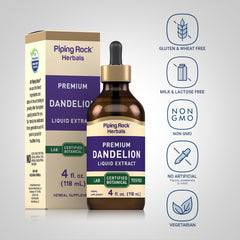 Close-up of bottle label for Dandelion Root Extract Liquid Drops 4 oz