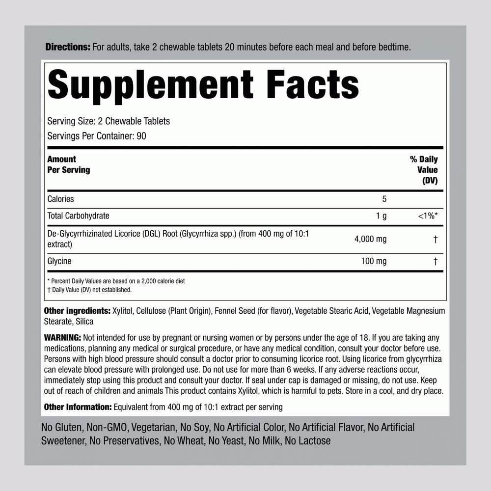 Close-up of DGL Licorice label on Piping Rock chewables