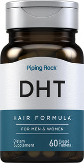 Piping Rock DHT Advanced Hair Formula bottle with coated tablets for easy swallowing