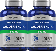 Piping Rock Glucosamine HCL 1500mg bottle on shelf signaling mega strength joint support.