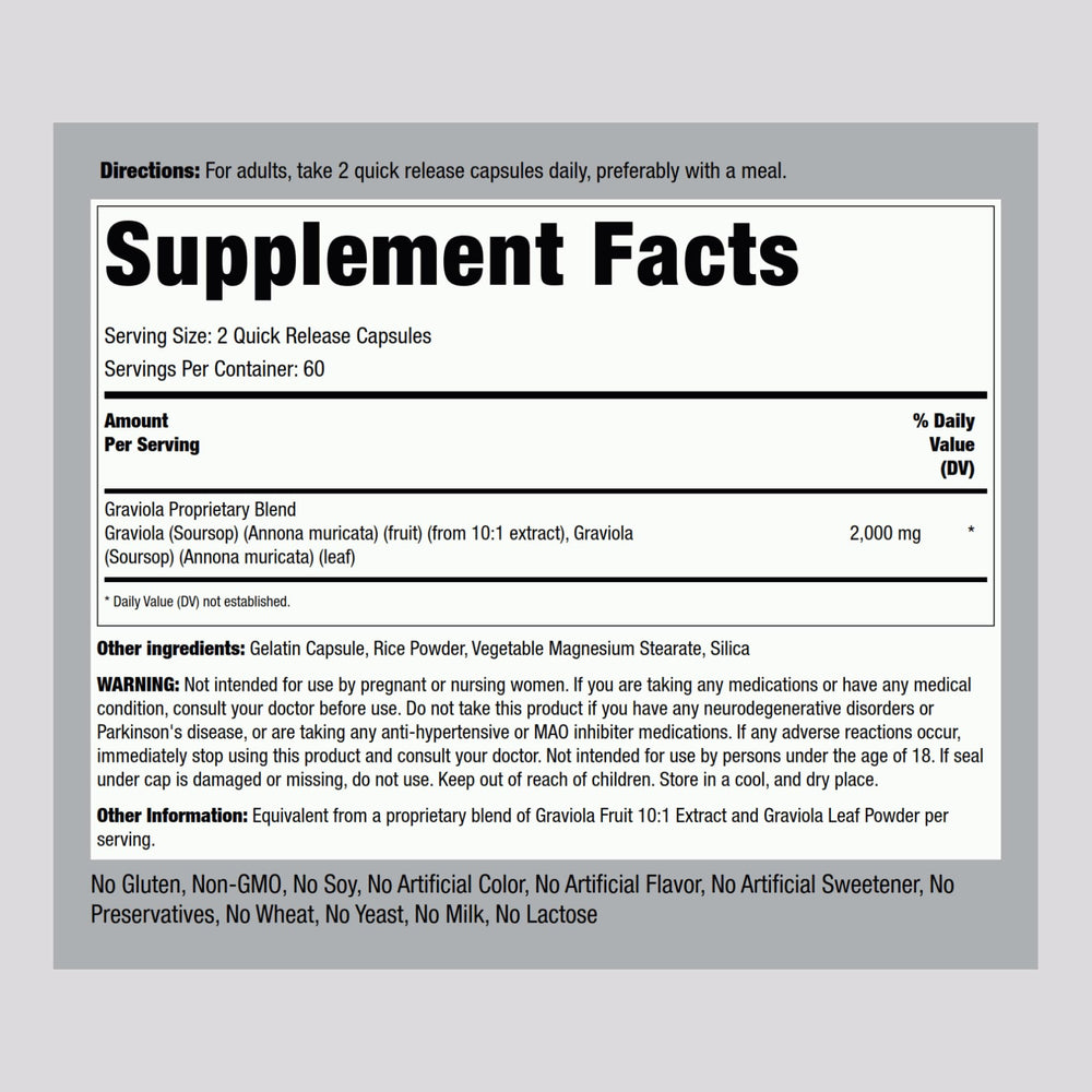 Front label of Graviola Soursop Capsules bottle