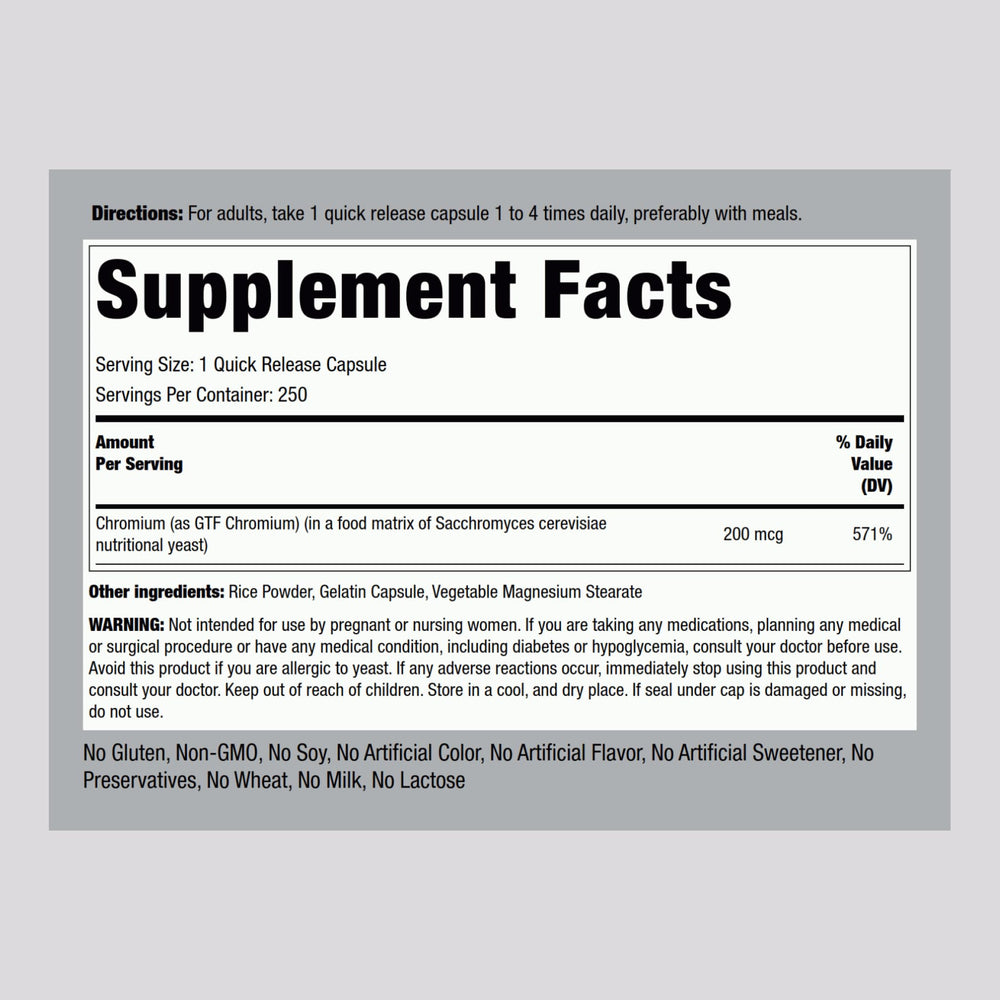 Bottle showing Piping Rock GTF Chromium 200 mcg 250 capsules label