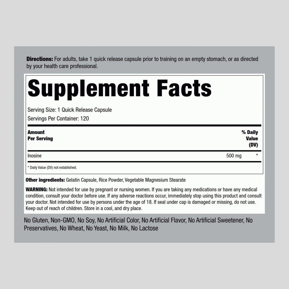 Piping Rock Inosine 500mg capsules close-up for quick-release daily supplementation.