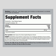 Piping Rock Inosine 500mg capsules close-up for quick-release daily supplementation.