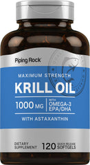 Piping Rock Krill Oil 1000mg softgels bottle shows maximum-strength omega-3 support