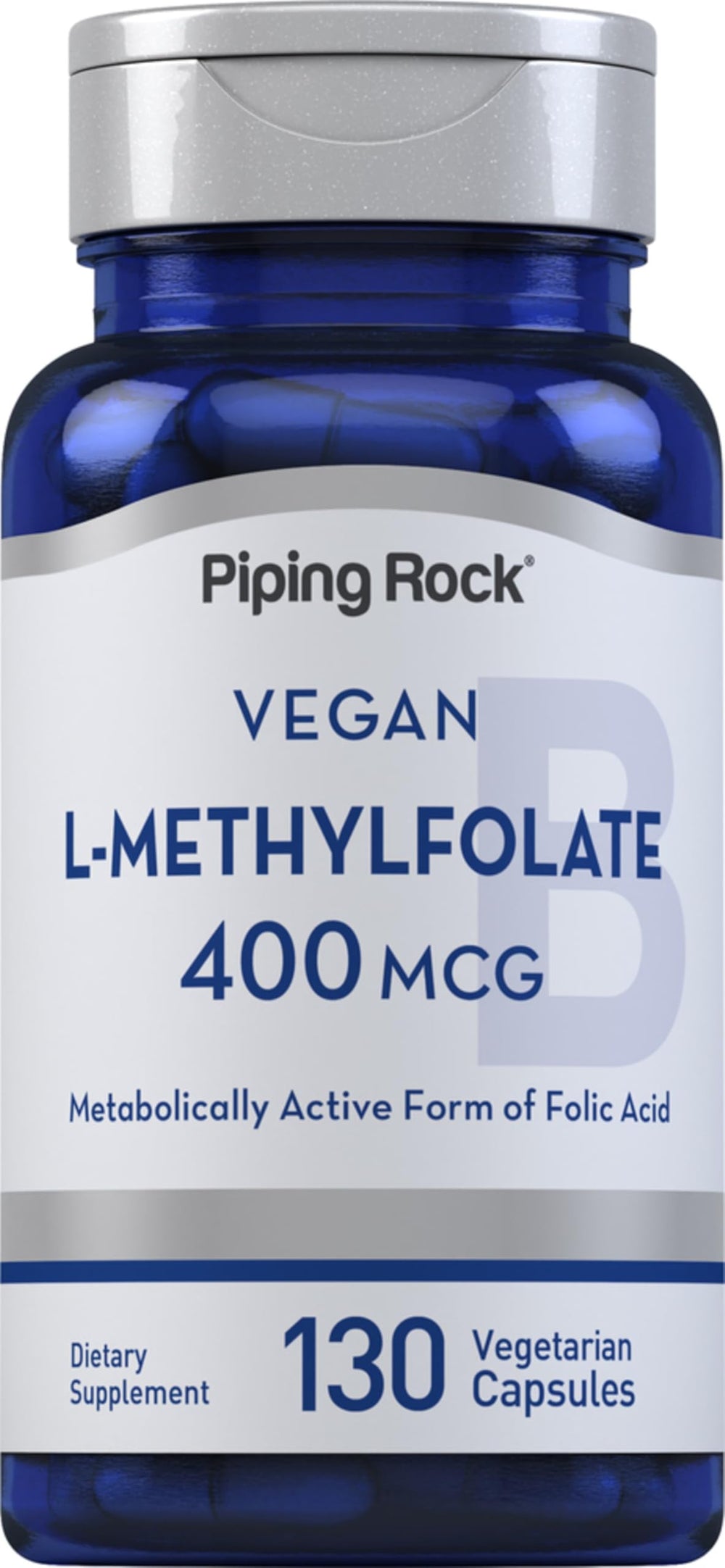 Bottle of Piping Rock L-Methylfolate Supplement, 400 mcg per capsule, 130 vegetarian capsules