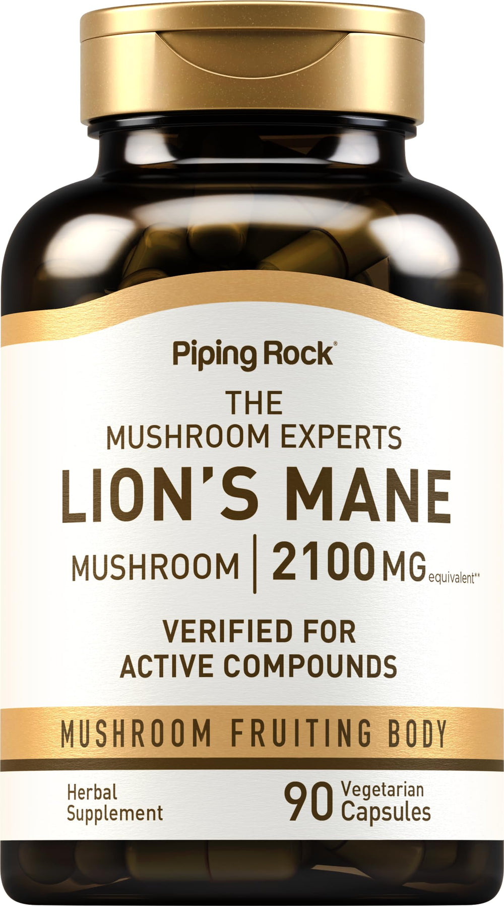 Piping Rock Lions Mane capsules bottle front view, 2100mg, 90-count