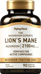 Piping Rock Lions Mane capsules bottle front view, 2100mg, 90-count