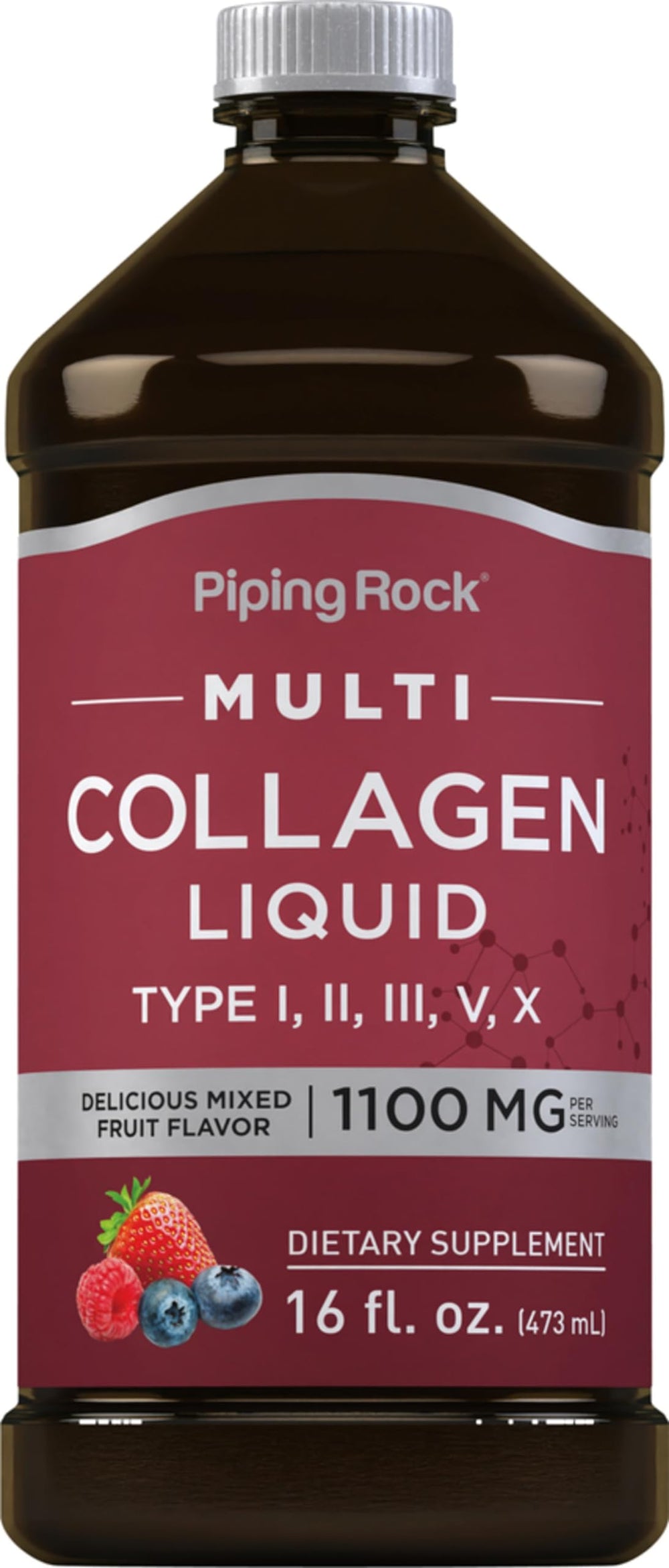 Bottle of Piping Rock Liquid Collagen 16 oz with fruit flavor label