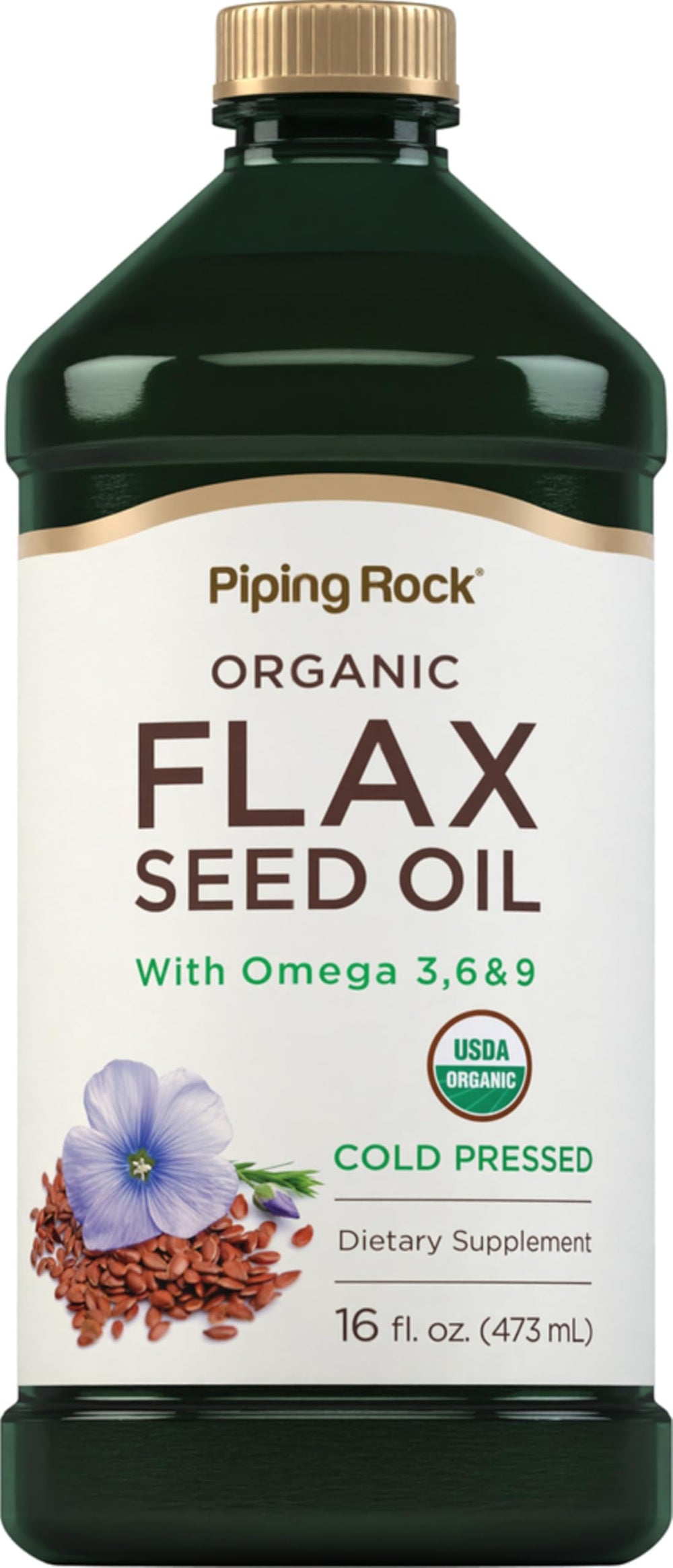 Piping Rock liquid flaxseed oil bottle front highlights omega-rich nutrition for daily meals
