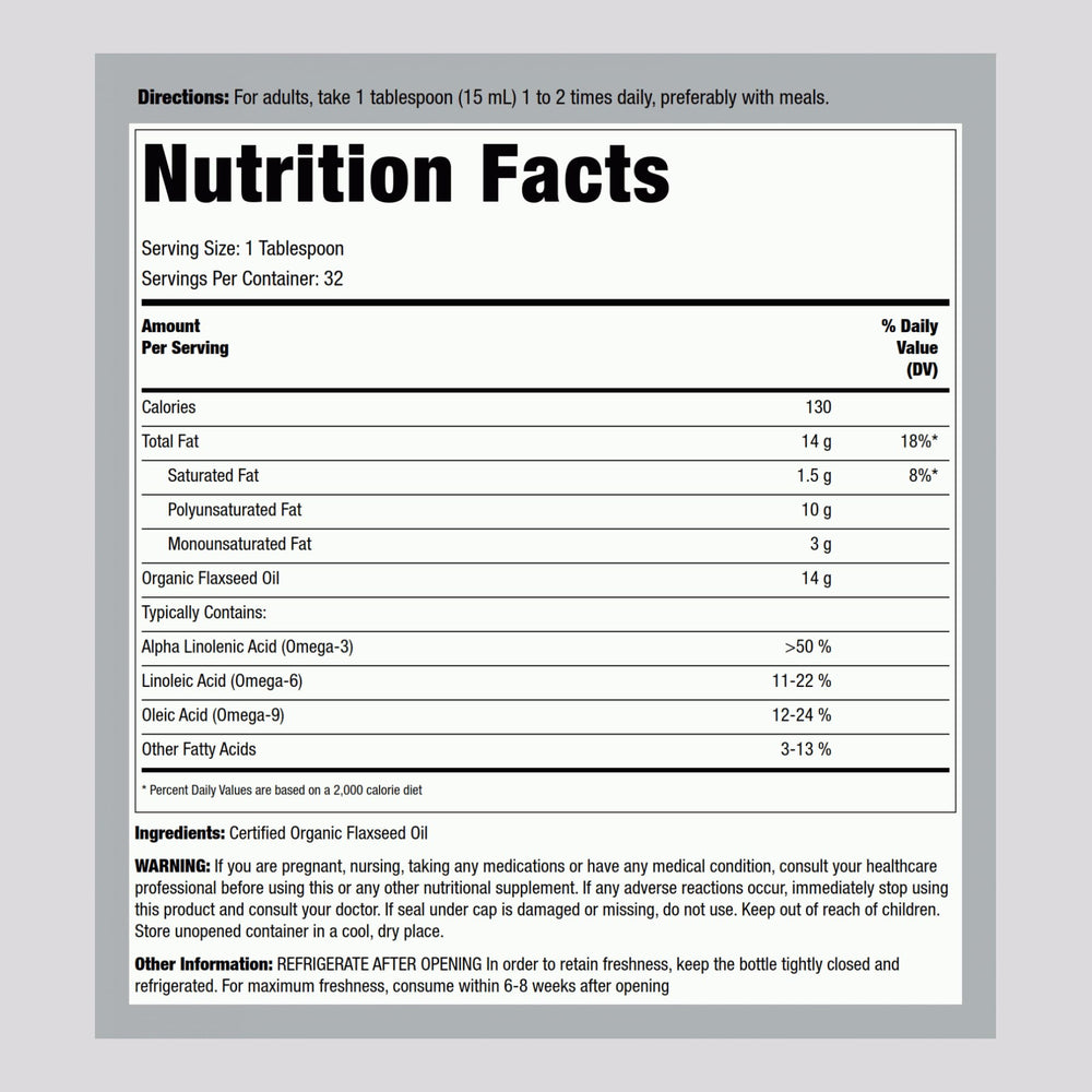 Piping Rock flaxseed oil label close-up emphasizes organic certification and purity