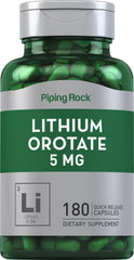 Piping Rock Lithium Orotate Supplement bottle with 5 mg lithium - 180 capsules