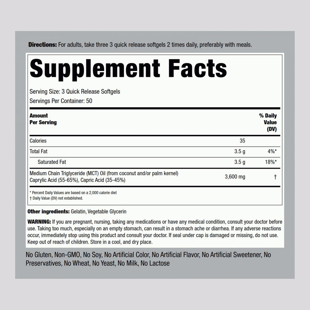 Back view of Piping Rock MCT Oil Softgel Capsules pack showing supplement facts