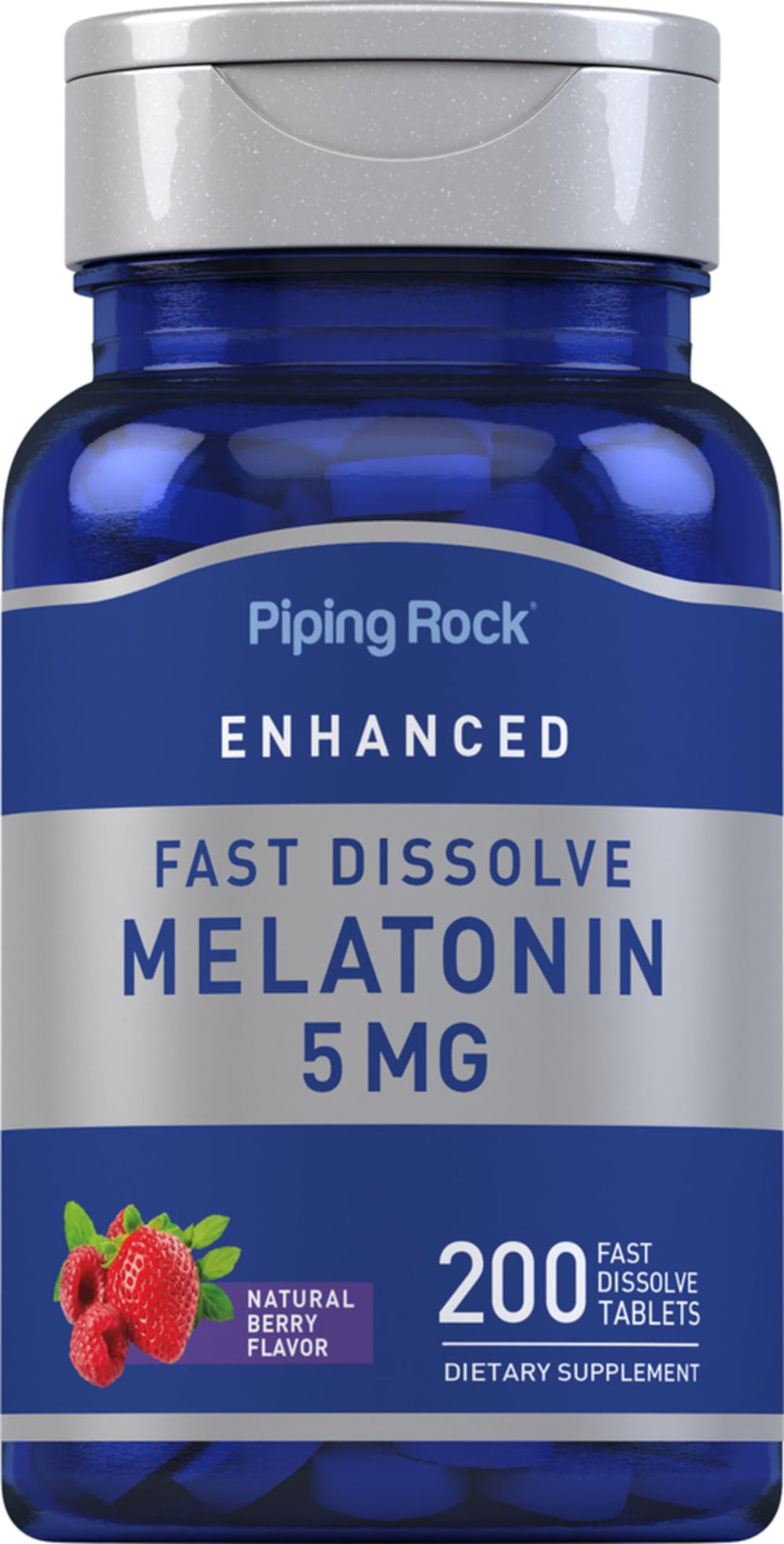 Bottle front view of Piping Rock Melatonin 5mg Berry flavor with 200 fast-dissolve tablets