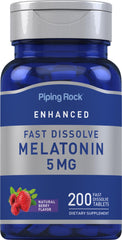 Bottle front view of Piping Rock Melatonin 5mg Berry flavor with 200 fast-dissolve tablets