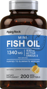 Piping Rock Mini Fish Oil 1340mg bottle with lemon-flavored softgels - 200 count