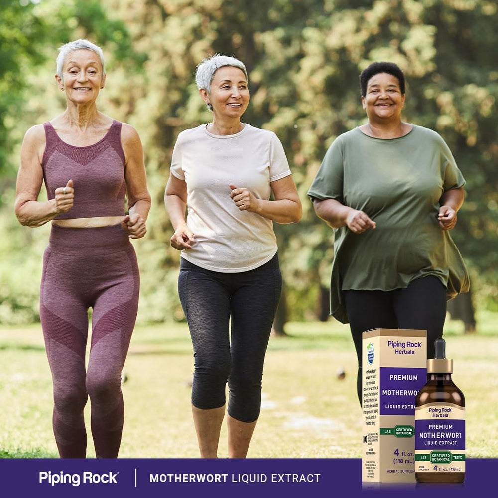 Piping Rock Motherwort tincture glass bottle on wood evokes at-home routine.