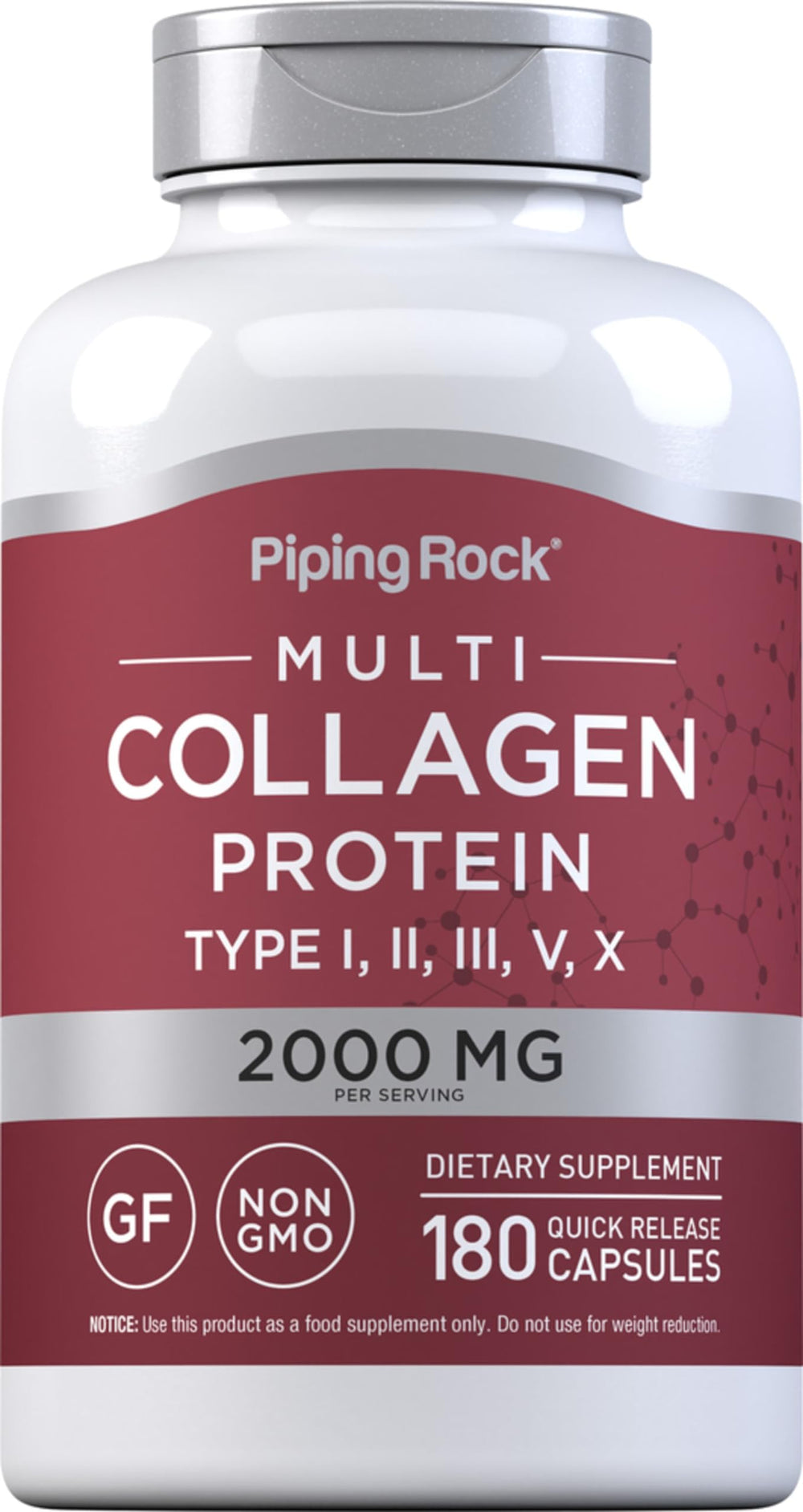Piping Rock Multi Collagen Protein Capsules bottle showing 180 count and 2000 mg per serving