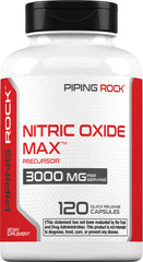 Piping Rock Nitric Oxide bottle front for workouts and daily energy.