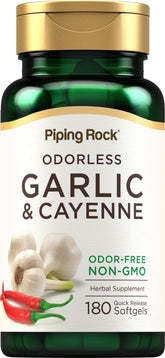 Bottle of Piping Rock Odorless Garlic Softgels with cayenne extract