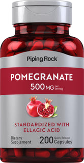 Piping Rock pomegranate extract bottle label shows 500 mg per serving for daily wellness.