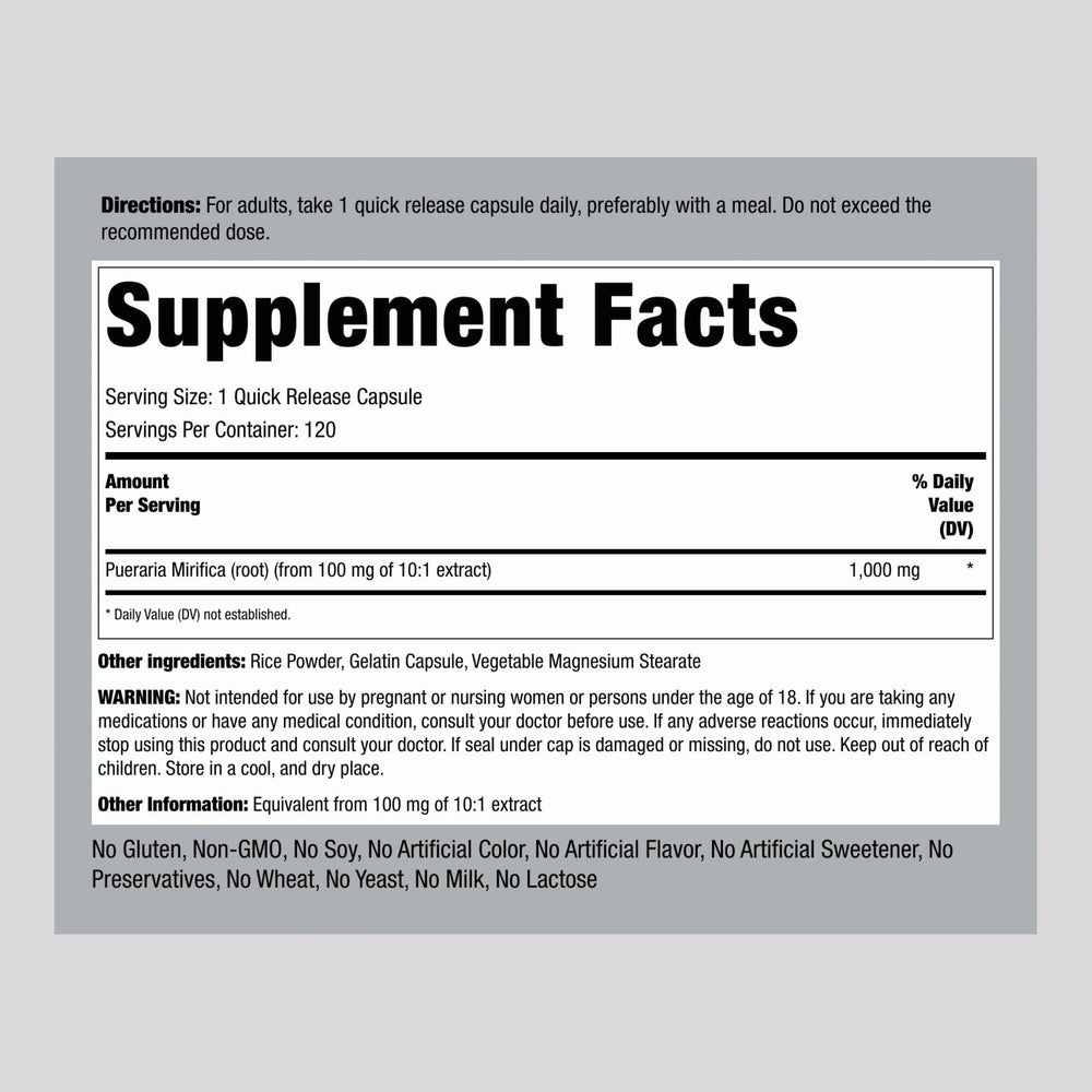 Close-up of Pueraria Mirifica 1000mg label on bottle