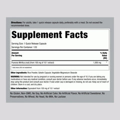 Close-up of Pueraria Mirifica 1000mg label on bottle