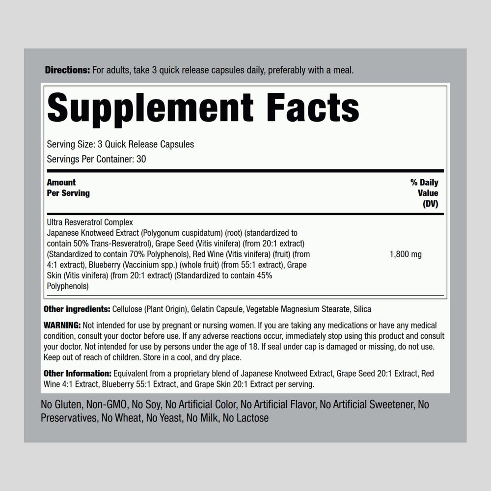 Front label close-up of Piping Rock Resveratrol Complex showing 1800 mg potency