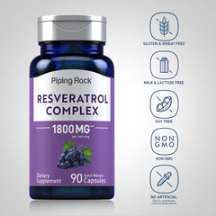 Non-GMO and Gluten Free indicators on Piping Rock Resveratrol Complex packaging
