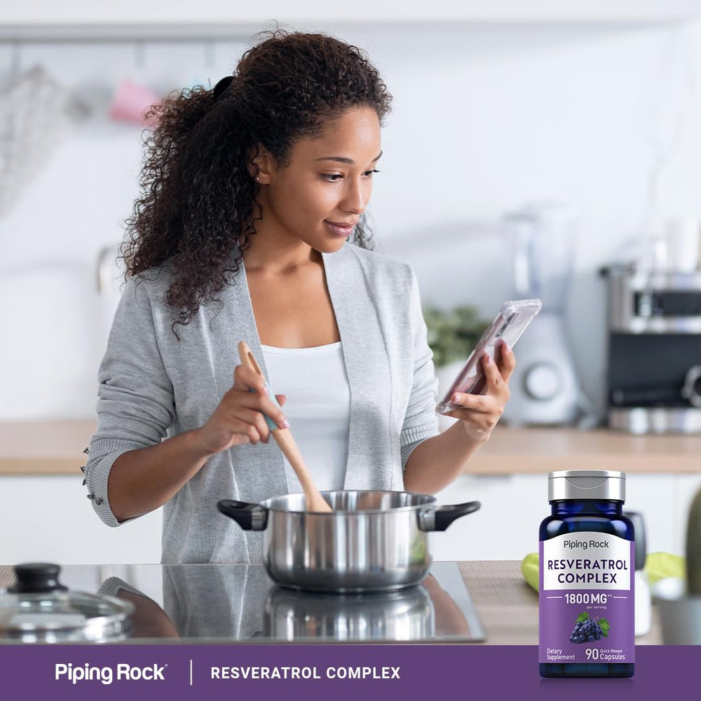 Boxed packaging of Piping Rock Resveratrol Complex with 90 capsules per bottle