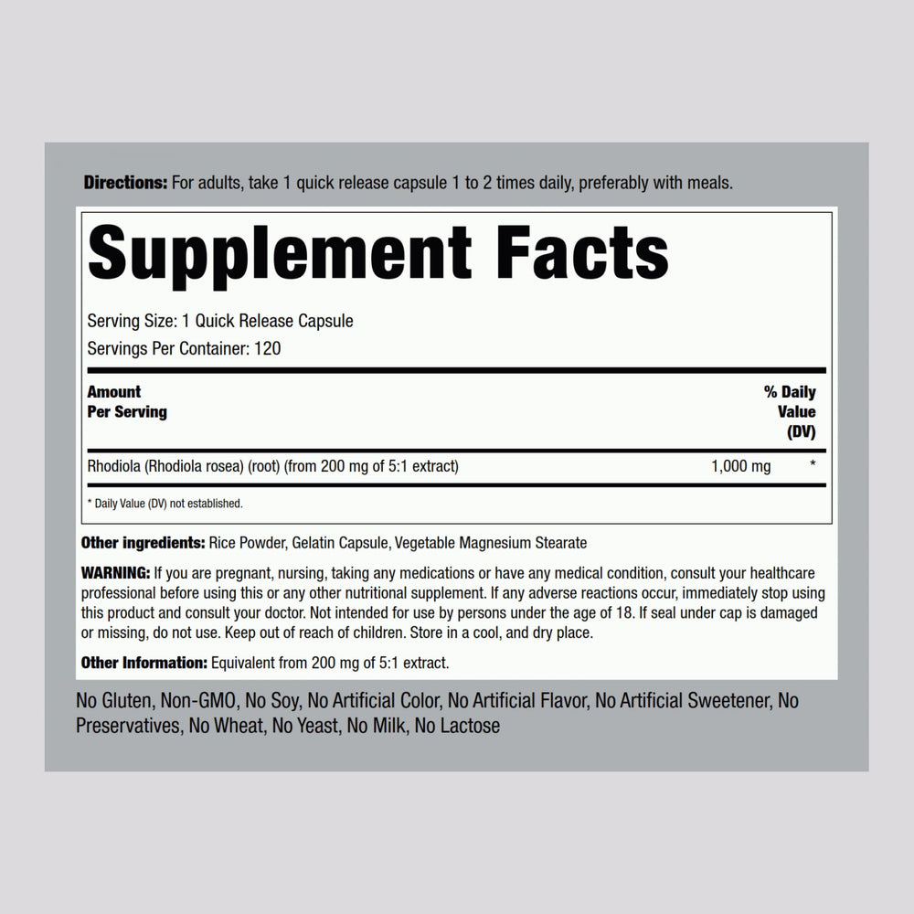 Label close-up showing Rhodiola Rosea 1000mg and 120 capsules