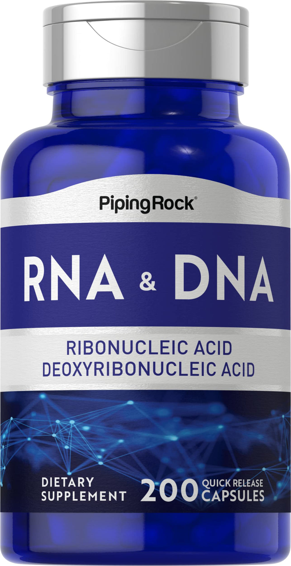 Piping Rock RNA DNA supplement bottle front shows non-GMO, gluten-free formula for daily wellness.