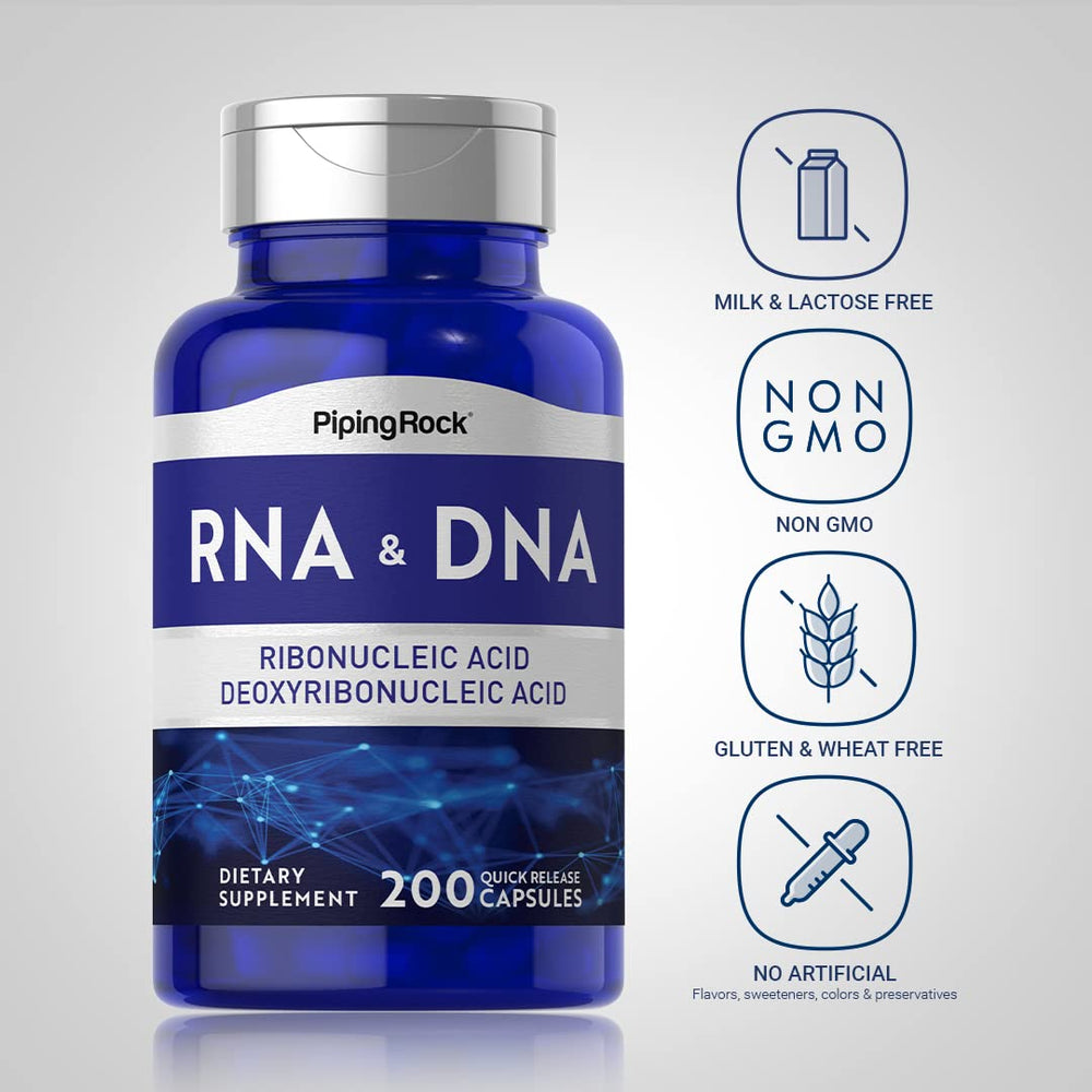 Piping Rock RNA DNA supplement capsules close-up emphasizes compact, easy-to-swallow capsules.