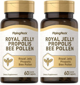 Piping Rock Royal Jelly Propolis Bee Pollen caplets bottle close-up for daily wellness.