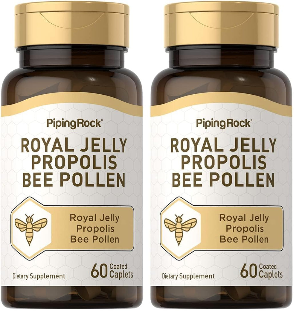 Piping Rock Royal Jelly Propolis Bee Pollen caplets bottle close-up for daily wellness.
