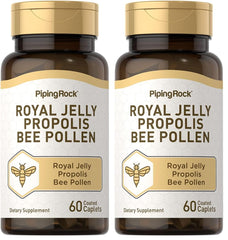 Piping Rock Royal Jelly Propolis Bee Pollen caplets bottle close-up for daily wellness.