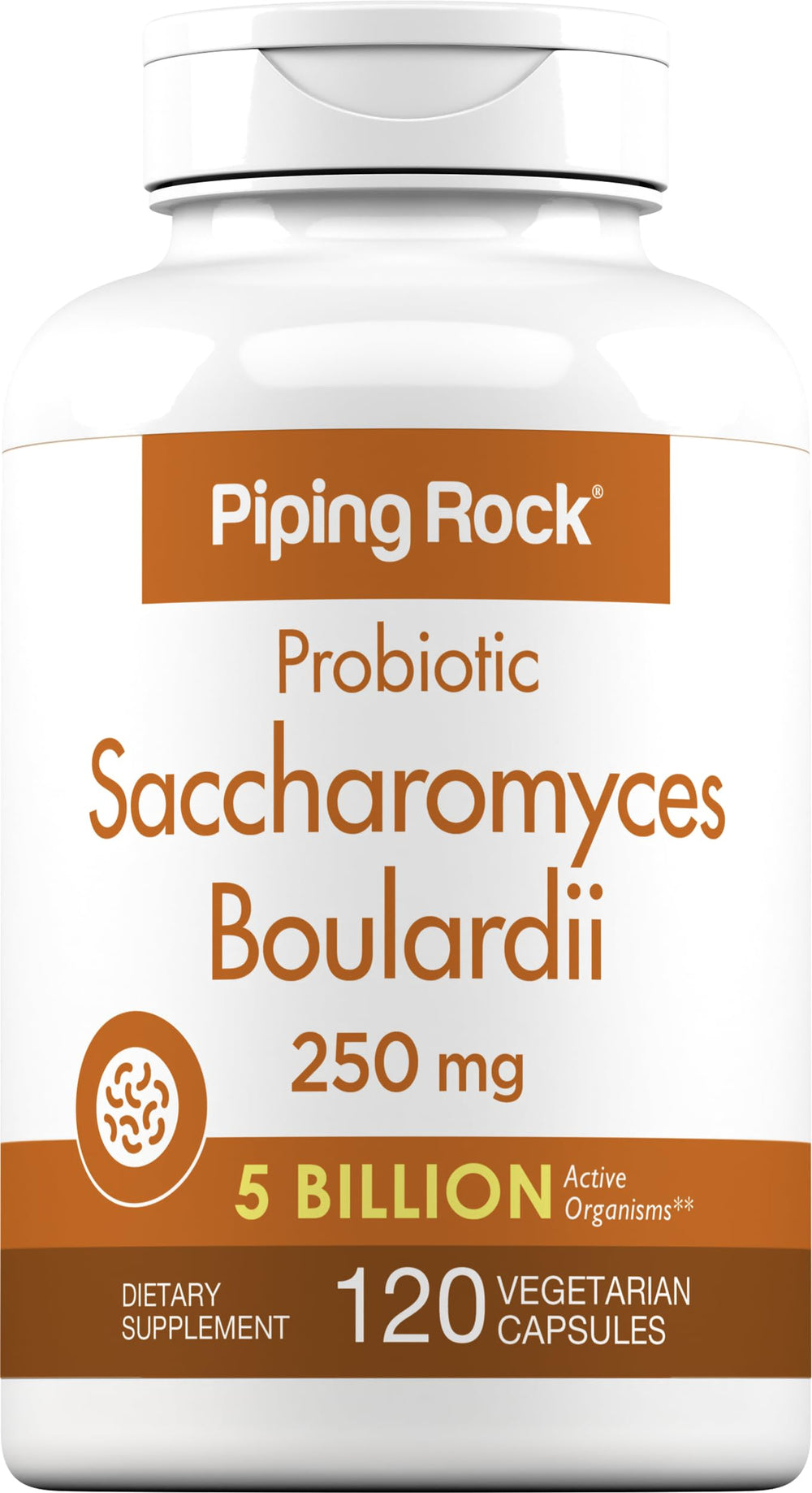 Piping Rock Saccharomyces boulardii probiotic bottle with 5 billion CFU and vegetarian, non-GMO, gluten-free claims