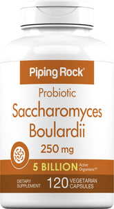 Piping Rock Saccharomyces boulardii probiotic bottle with 5 billion CFU and vegetarian, non-GMO, gluten-free claims
