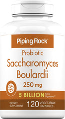Piping Rock Saccharomyces boulardii probiotic bottle with 5 billion CFU and vegetarian, non-GMO, gluten-free claims