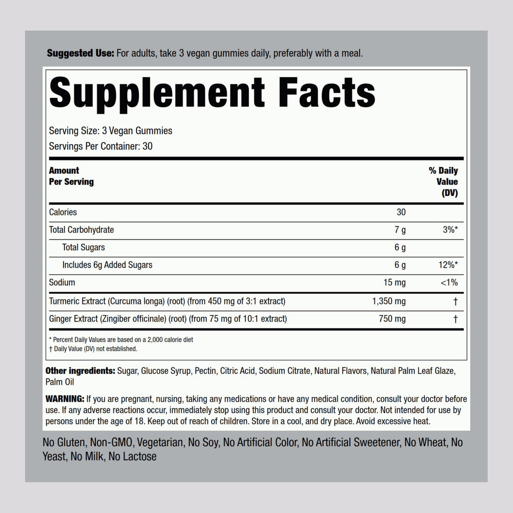 Ingredients label for Piping Rock Turmeric & Ginger Gummies